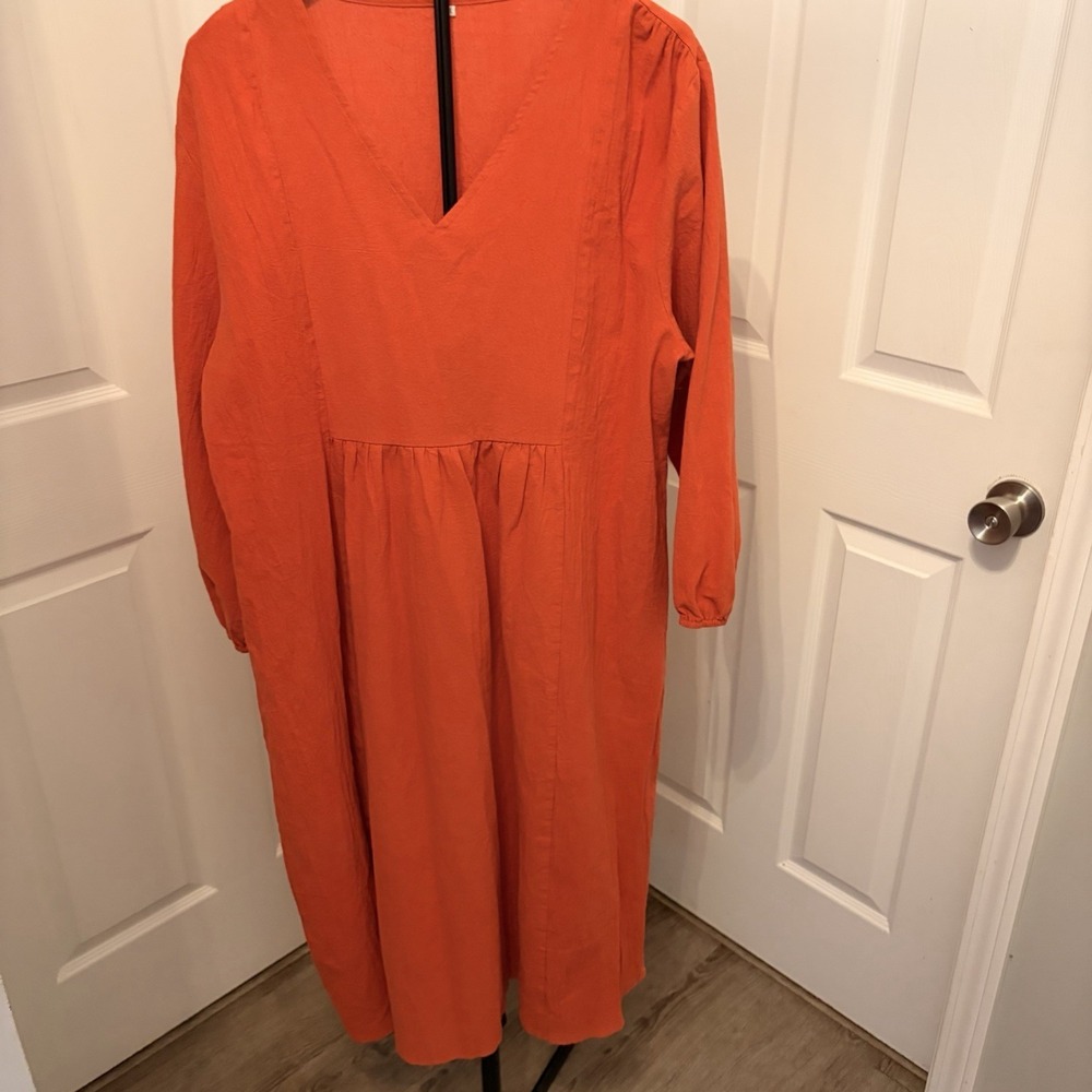 Orange Crinkle Cotton Midi Dress V Neck Long Sleeve Boho Pleated Lagenlook 2XL